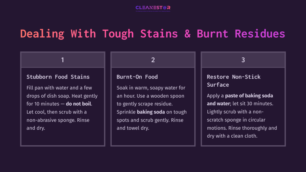 Three-Step Guide On Cleaning Cookware: Tips For Stubborn Stains, Burnt-On Food, And Restoring Surfaces, With Numbered Sections And Icons.
