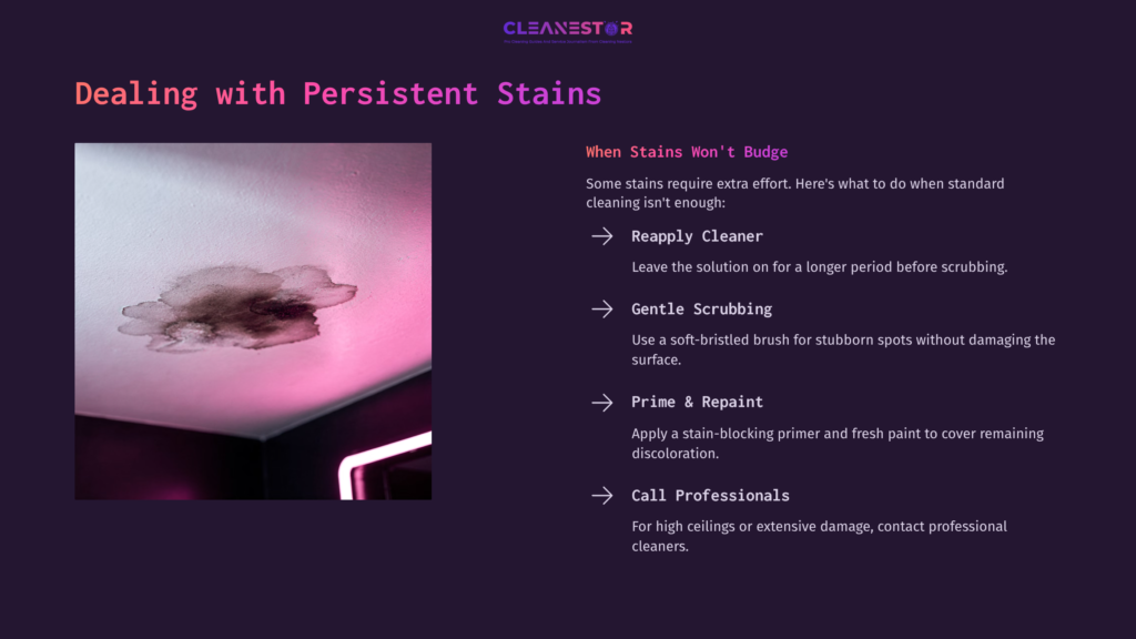 Ceiling With Smoke Stains And A Pink Hue; Text On The Right Outlines Cleaning Methods For Persistent Stains.