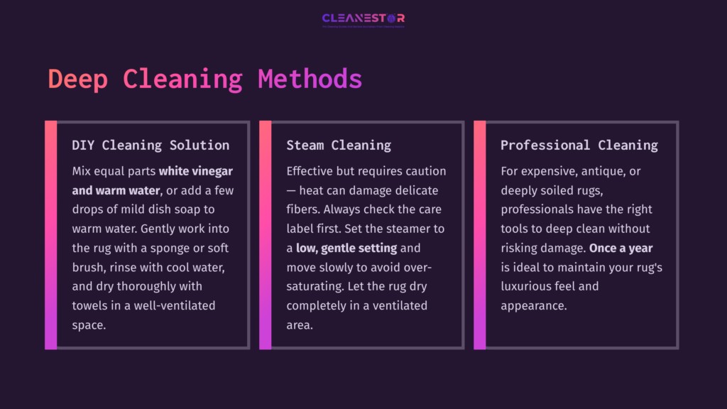 Three Sections On Cleaning Methods For High-Pile Rugs: Diy Solutions, Steam Cleaning, And Professional Care, With Icons And Bullet Points.