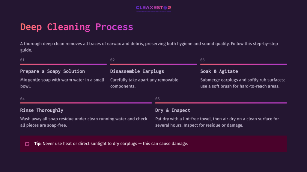 Step-By-Step Cleaning Guide For Earplugs, Featuring Numbered Instructions In White Text Over A Dark Purple Background.