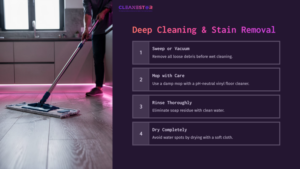 Person Mopping A Floor With A Mop In A Brightly Lit Room, Featuring A Pink Glow Along The Walls And A List Of Cleaning Steps On The Side.