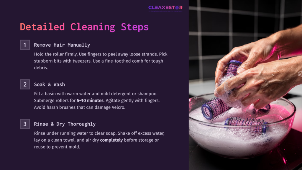 Instructions For Cleaning Velcro Hair Rollers With Three Numbered Steps, Accompanied By Visuals Of Rollers, Water, And Cleaning Supplies.