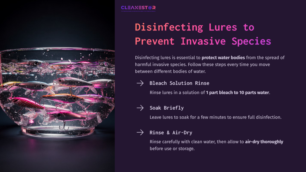 A Clear Bowl Filled With Water And Colorful Fishing Lures, With A Dark Background And Text Highlighting Steps For Cleaning Lures.