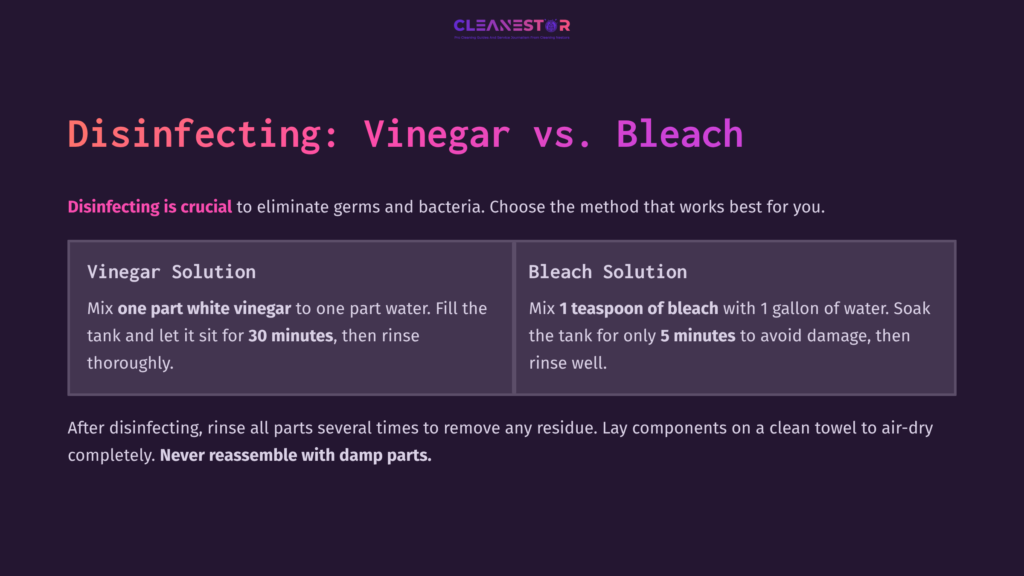 Text Instructions Comparing Vinegar And Bleach Solutions For Disinfecting, With Details On Mixing Ratios And Rinsing Procedures.
