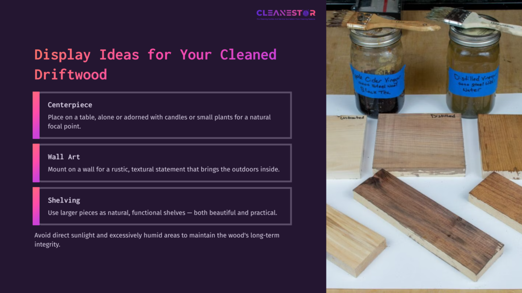 A Wooden Table Displays Various Driftwood Pieces And A Jar Of Dark Liquid, Alongside Notes On Creative Display Ideas.