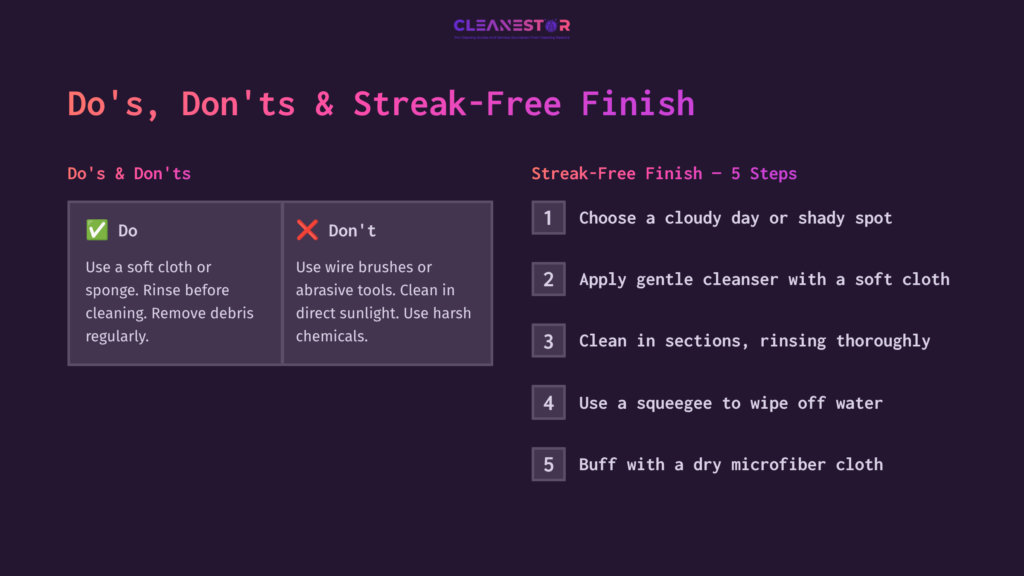 Graphic Listing Dos And Don’ts For Cleaning Trex Railing, Featuring A Dark Purple Background With White And Red Text, And Five Numbered Steps.