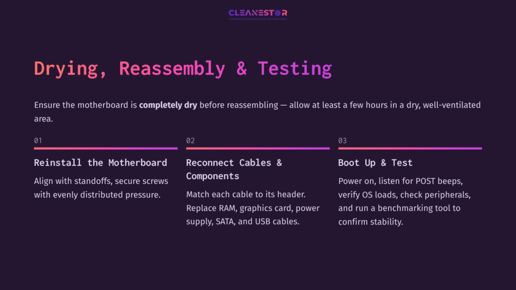 Instructions For Cleaning A Motherboard, Including Steps For Reinstallation, Reconnecting Components, And Testing Functionality, On A Dark Background.