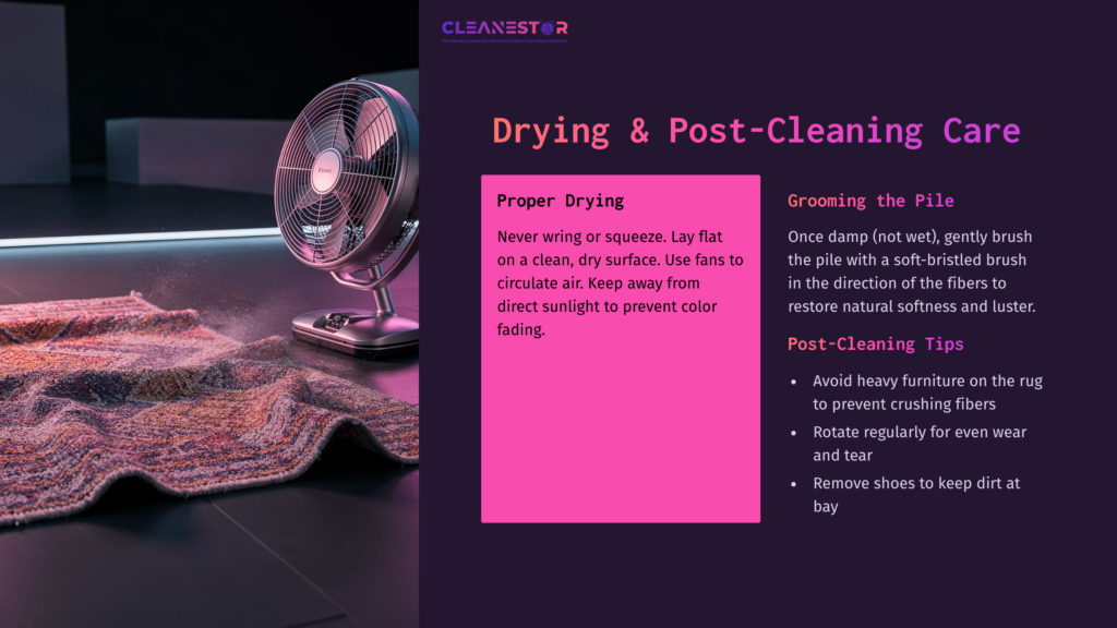 A Fan On A Table Beside A Colorful, Hand-Knotted Wool Rug, Highlighting Drying And Post-Cleaning Care Tips In A Modern Layout.