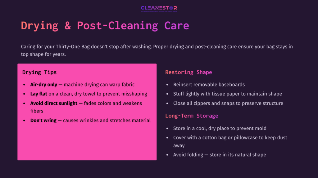 Text On A Dark Background Detailing Care For Thirty-One Bags, With A Bright Pink Section Highlighting Drying Tips And Storage Advice.