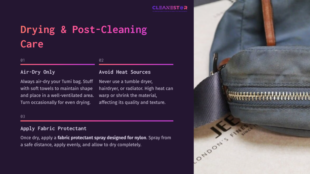Close-Up Of A Tumi Nylon Bag With A Zipper, Accompanied By On-Screen Text Outlining Air-Dry And Post-Cleaning Care Instructions.