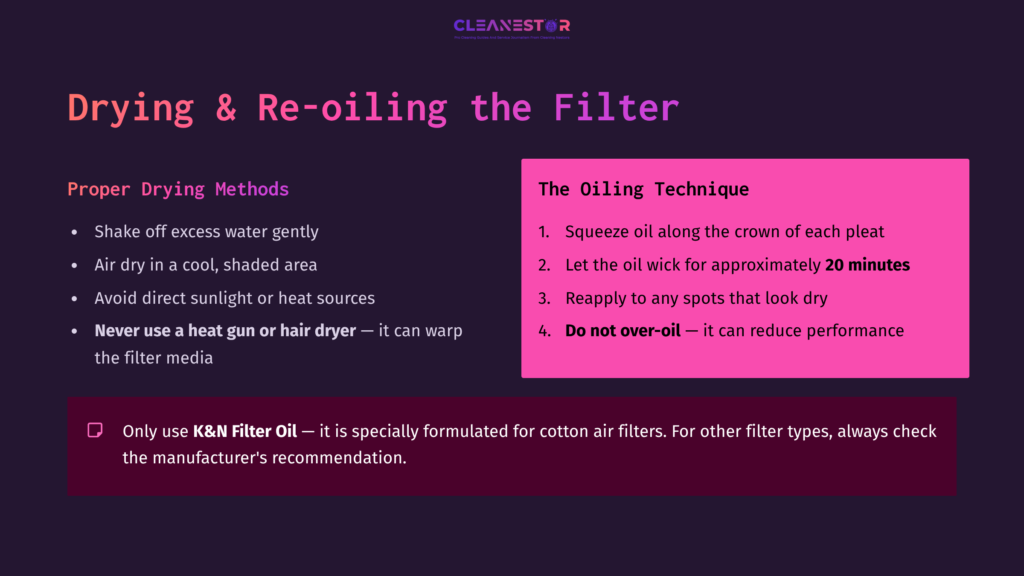 Instructions On Drying And Re-Oiling An Air Filter, With Key Steps Listed In White Text On A Dark Background, Highlighted With Pink Sections.