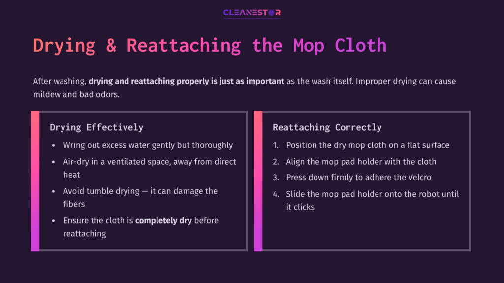 Instructions On Drying And Reattaching A Roborock Mop Cloth, With A Dark Background And Contrasting Text In Purple And White.