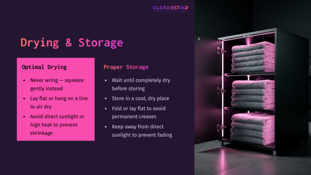 Shelves Containing Neatly Stacked, Folded Mop Pads In Various Shades Of Gray, With A Purple And Black Background And Highlighted Instructions For Drying And Storage.