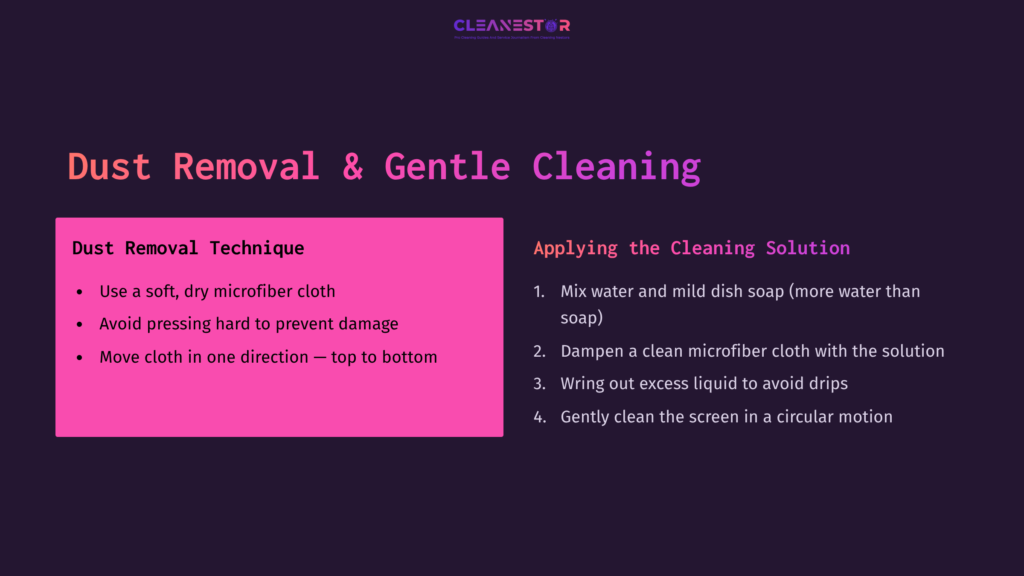 Bright Pink Box With Cleaning Tips On A Dark Purple Background, Outlining Steps For Dust Removal And Applying A Cleaning Solution.