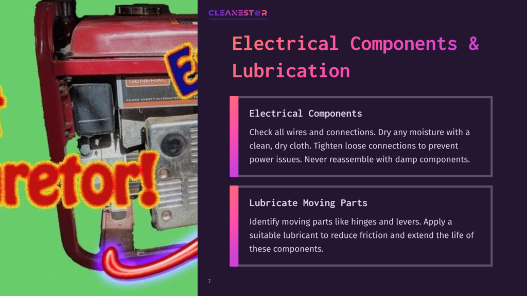 Red Generator With Visible Electrical Components, Alongside Instructions On Cleaning And Lubricating Moving Parts, Set Against A Purple Background.