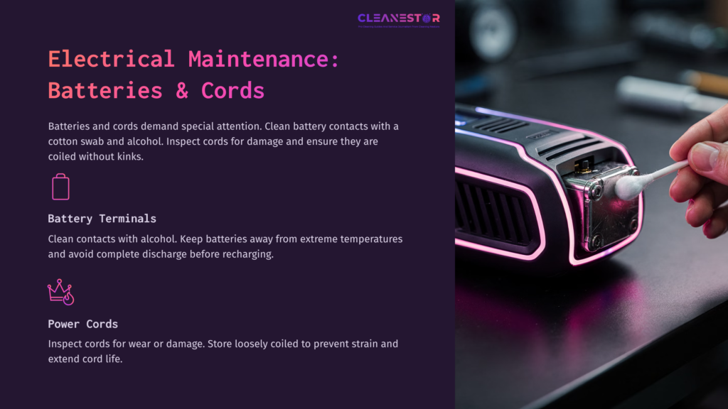 A Milwaukee Tool With A Charging Cable, Alongside Tips For Cleaning Batteries And Cords, Featuring A Dark Background And Pink Accents.