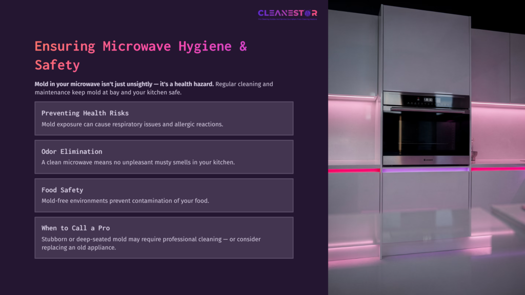 7 Ensuring Microwave Hygiene And Safety Microwave With Sleek Design In A Modern Kitchen Setting, Highlighted By Pink Accents; Text Boxes Outline Cleaning And Safety Tips.