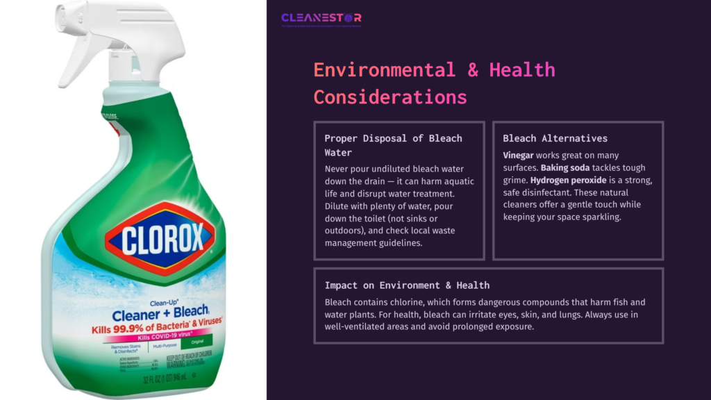 Green Bottle Of Clorox Cleaner With A Spray Nozzle, Set Against A Purple Background Featuring Health And Safety Tips About Bleach Usage.