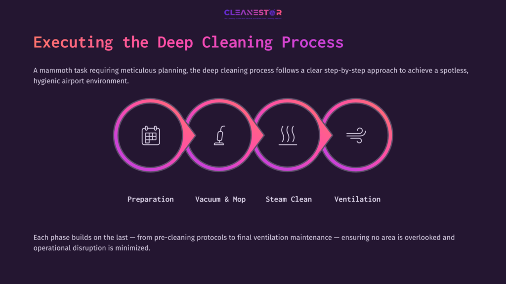 Graphic Showcasing The Deep Cleaning Process For Airports With Icons For Preparation, Vacuuming, Steam Cleaning, And Ventilation.