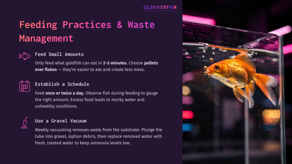 A Goldfish Swims In A Clear Tank, With An Informative Purple And Pink Background Outlining Feeding Practices And Waste Management Tips.