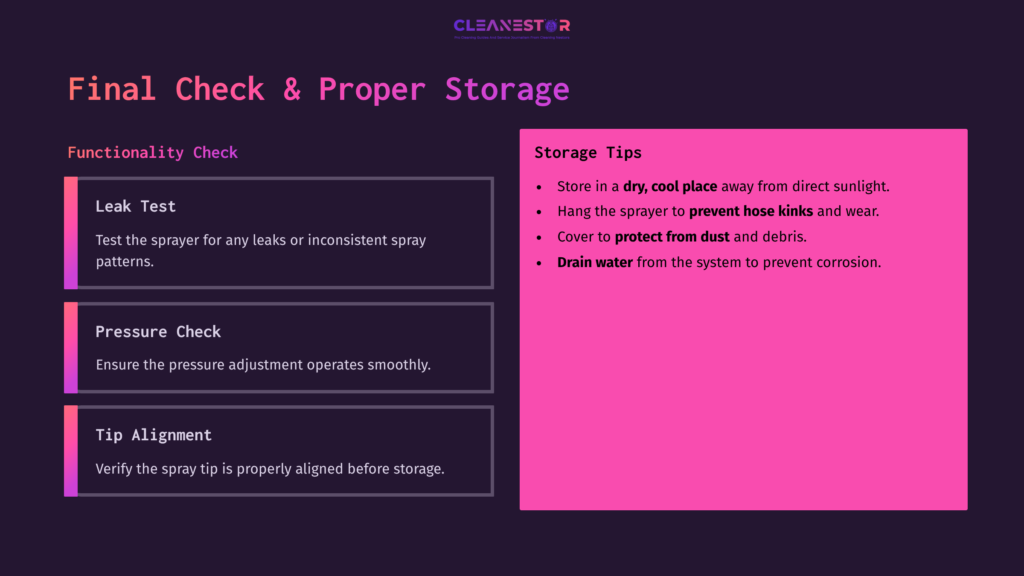A Checklist With A Dark Background Featuring Sections On Leak, Pressure, And Tip Checks, And Pink Storage Tips For A Paint Sprayer.