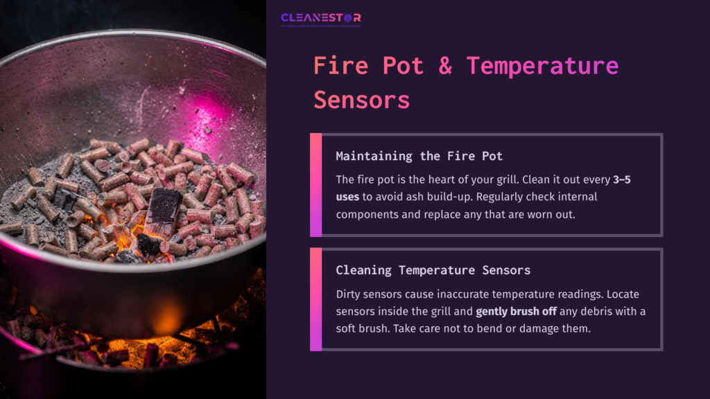 7 Fire Pot And Temperature Sensors A Glowing Fire Pot Filled With Wood Pellets, Surrounded By Glowing Embers; Text On The Side Details Maintenance Tips For Grills.