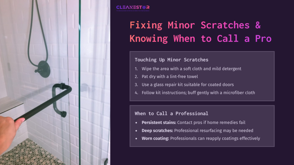 Illustration Of A Shower Door With Cleaning Tips, Featuring A Spray Bottle, Towel, And Clear Layout For Easy Reading.