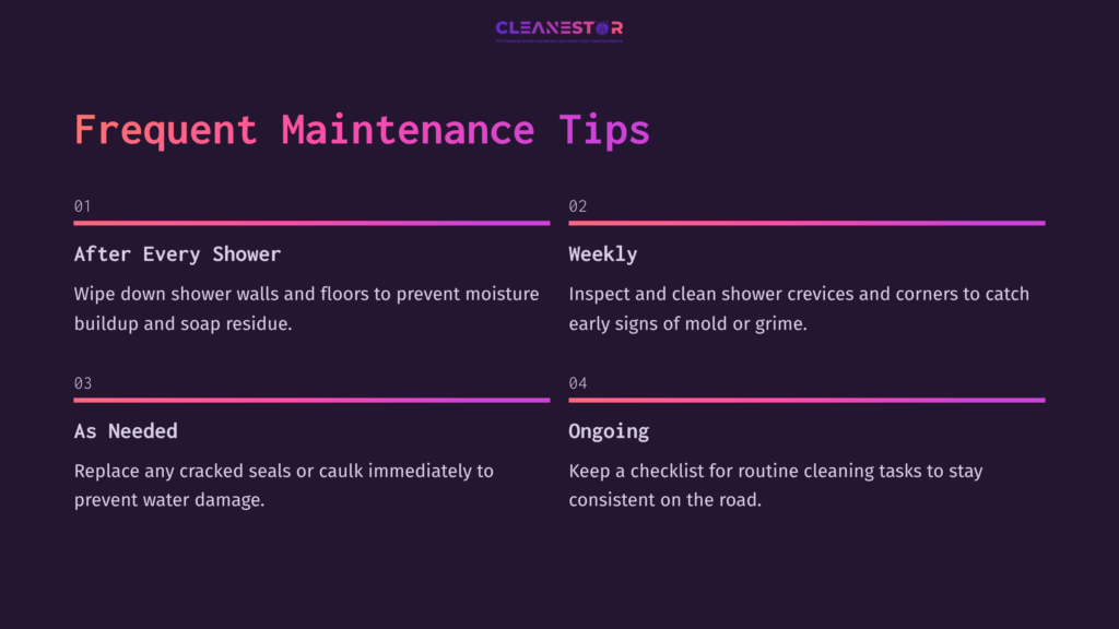 Text On A Dark Background Lists Maintenance Tips For Rv Showers, Using A Pink Accent For Headings And Numbered Sections.