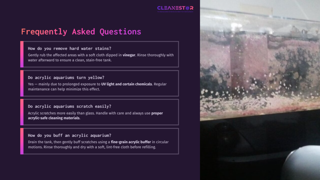 Acrylic Aquarium With Visible Water Stains And Cleaning Instructions; A Cloudy Tank Interior Contrasts With Clear Sections.