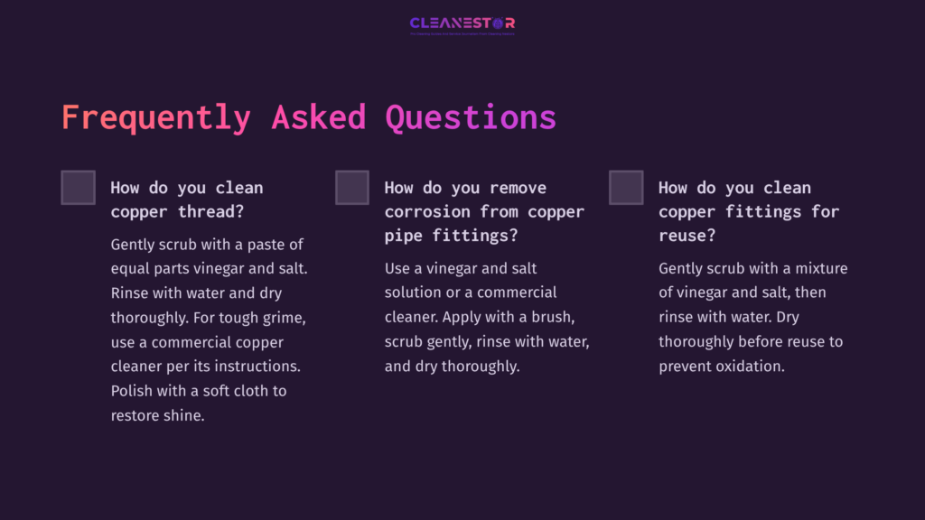 Dark Purple Background With White Text Listing Faqs About Cleaning Copper Pipe Threads And Corrosion Removal, With Checkboxes Next To Each Question.