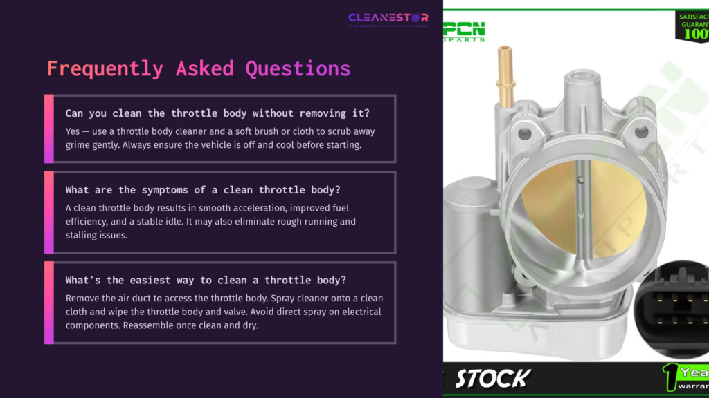 Throttle Body With Brass Butterfly Valve, Set Against A Purple Background With Faq Text About Cleaning Methods For A 2006 Chevy Trailblazer.