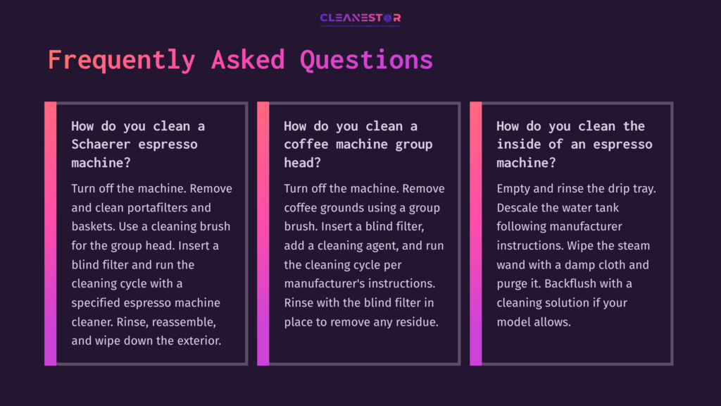 Text Blocks Outlining Faqs About Cleaning A Coffee Machine, With A Dark Background And Vibrant Purple Accents, Organized In A Structured Layout.