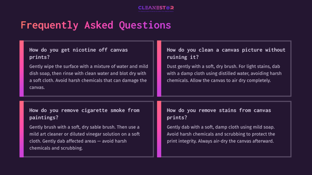 Text-Heavy Graphic With A Dark Purple Background. Contains Four Boxes With White And Pink Text Addressing Faqs About Cleaning Canvas Prints.