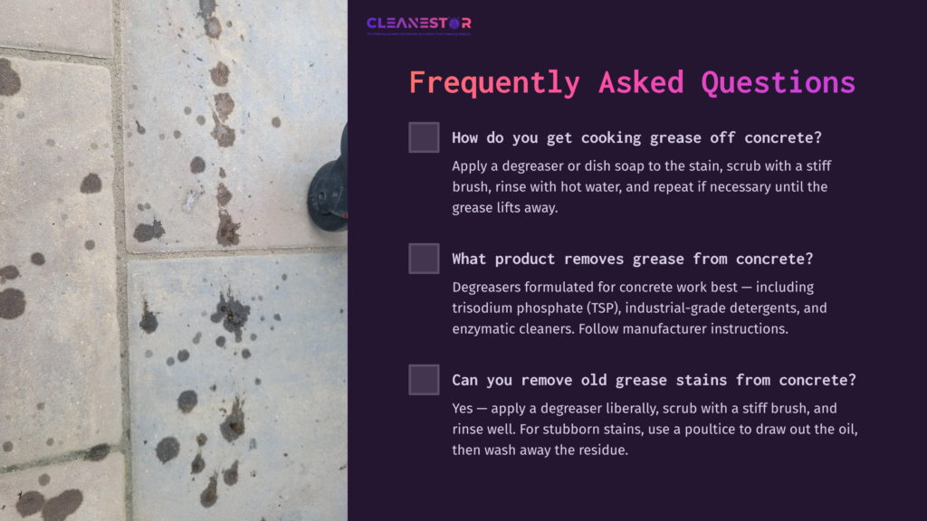 Grease Stains On Concrete With A Grey And Purple Background, Featuring A Faq Section About Cleaning Methods And Products Used.