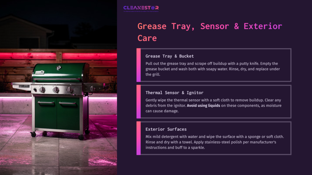 A Green Mountain Grill With A Stainless Steel Exterior, Surrounded By Pink And Purple Lighting, Alongside Cleaning Instructions For Maintaining It.