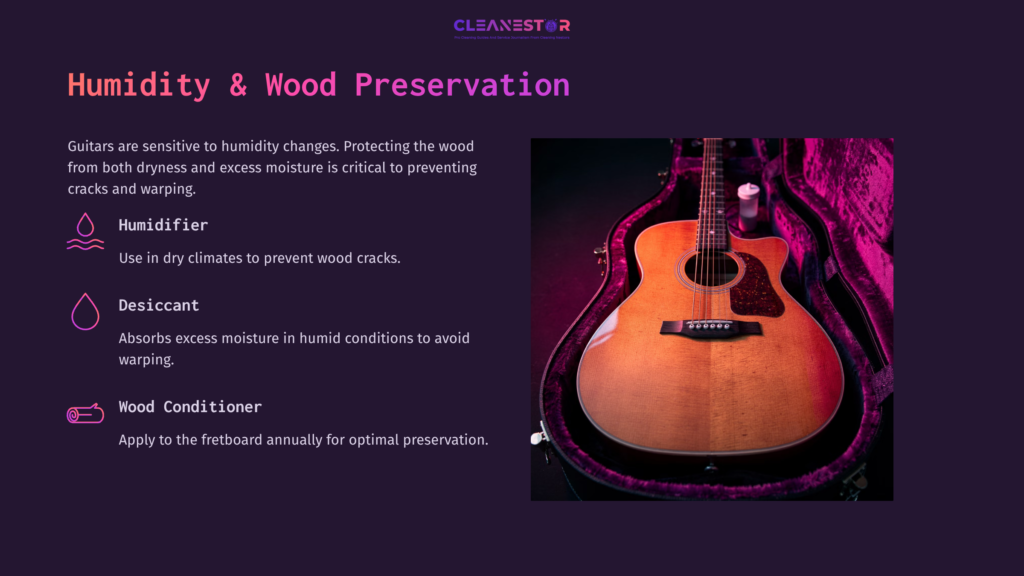 An Acoustic Guitar In A Purple Velvet Case, With Tips On Humidity Control And Wood Preservation For Optimal Maintenance.