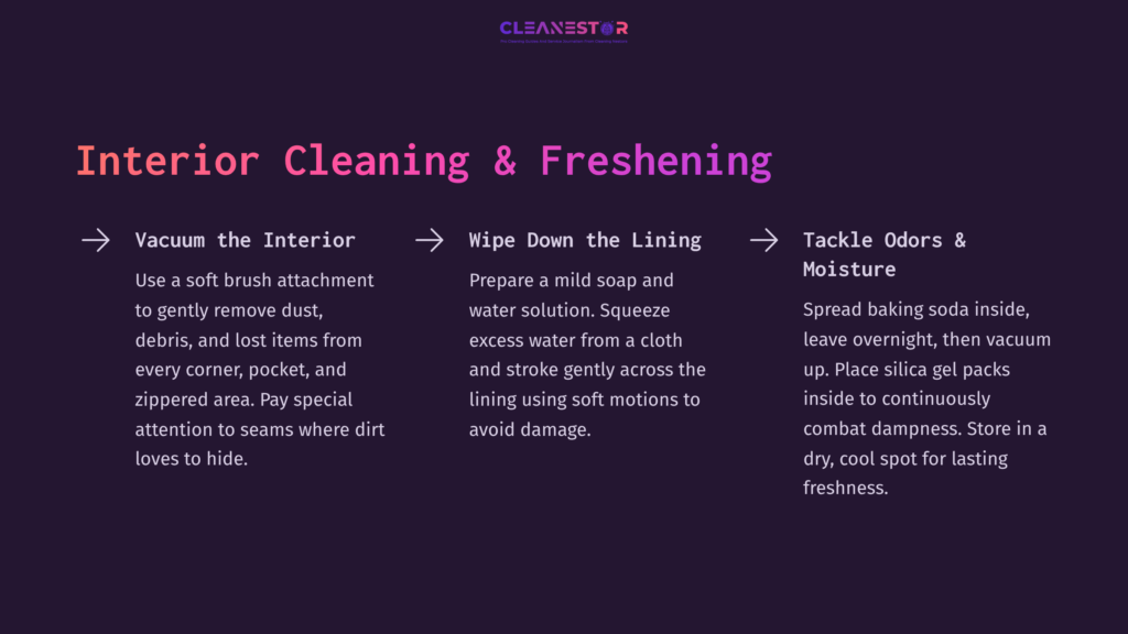 Text Instructions On A Dark Purple Background Detailing Steps For Cleaning Luggage Interiors, With Sections Highlighted In Pink.