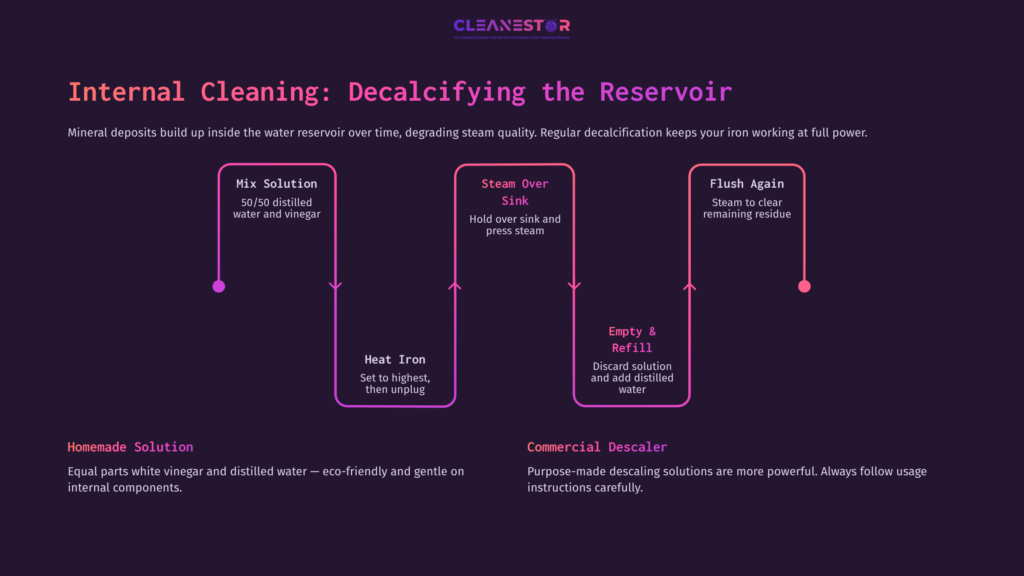 Infographic Outlining Steps For Cleaning A Sunbeam Iron, Including Mixing Solutions, Steaming, And Flushing The Reservoir, On A Dark Background.