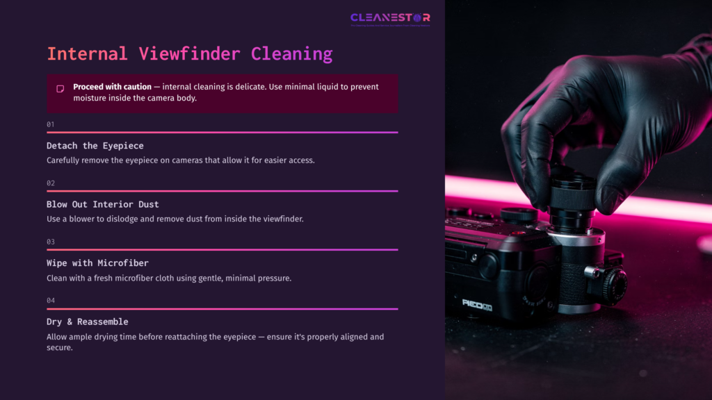 A Gloved Hand Holds A Camera Lens While A Microfiber Cloth And A Blower Lie On A Surface With A Pink Light Backdrop.