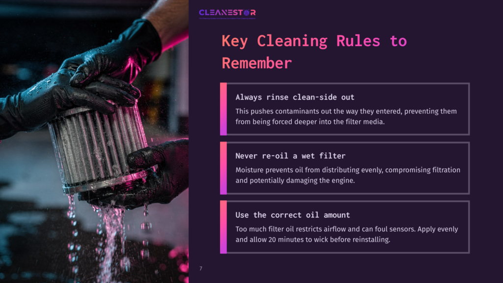 Hands In Black Gloves Holding A Gray Air Filter, With Water Droplets Splashing Around, And Text Boxes Highlighting Cleaning Tips In Purple And White.