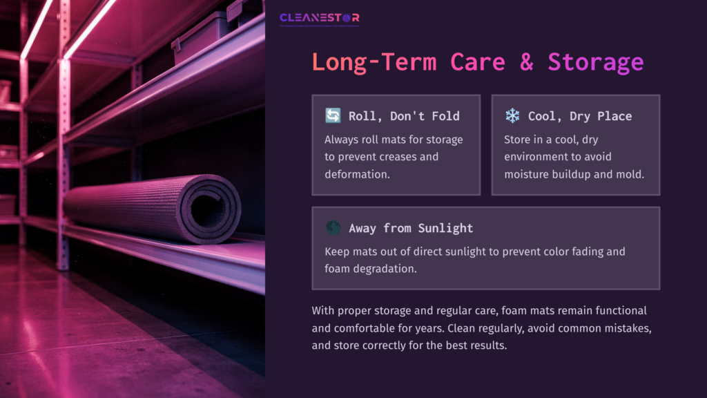 Foam Mat Rolled For Storage On A Shelf, With A Purple And Pink Ambiance; Tips For Care And Storage Are Displayed In Text Boxes.