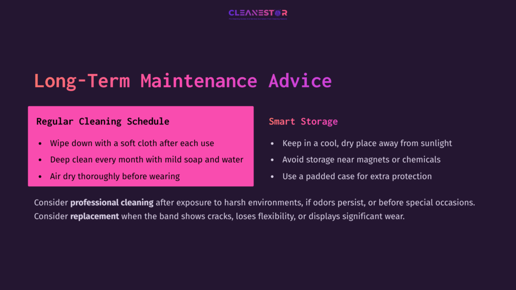7 Long Term Maintenance Advice Informative Graphic Outlining Long-Term Maintenance Advice For G-Shock Watch Bands, Featuring Bold Text And A Purple Color Scheme.
