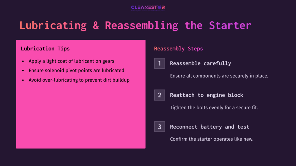 Illustration With A Pink Background And Bold Text Outlining Lubrication Tips And Reassembly Steps For A Starter, With Numbered Instructions.