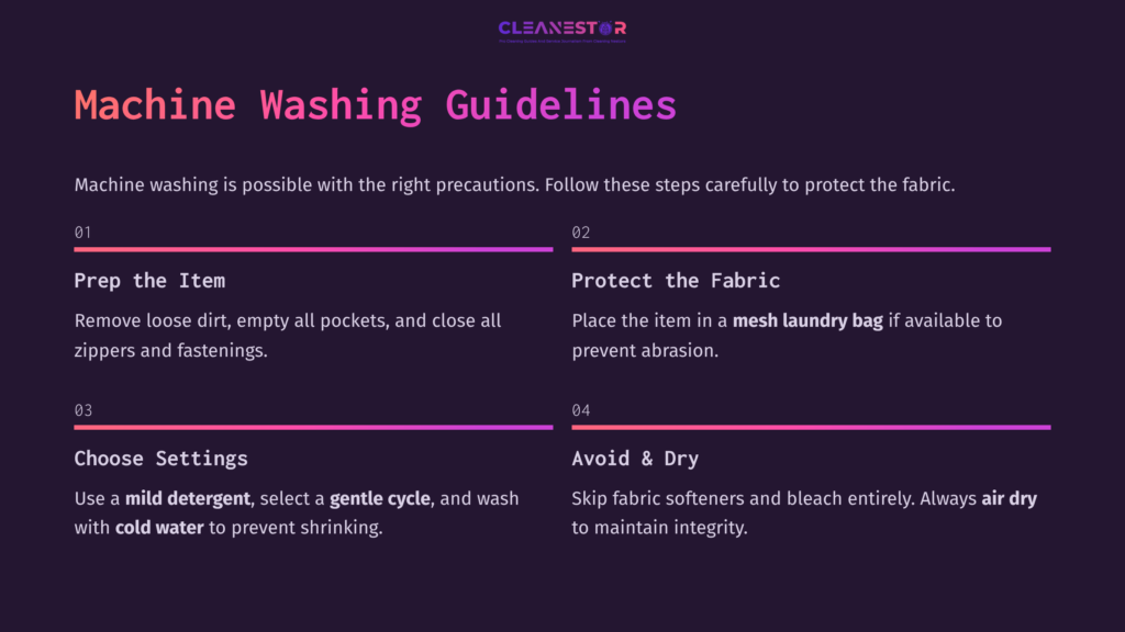 Guidelines For Machine Washing Ballistic Nylon, Featuring Four Steps In White Text On A Dark Purple Background With Key Actions Highlighted.