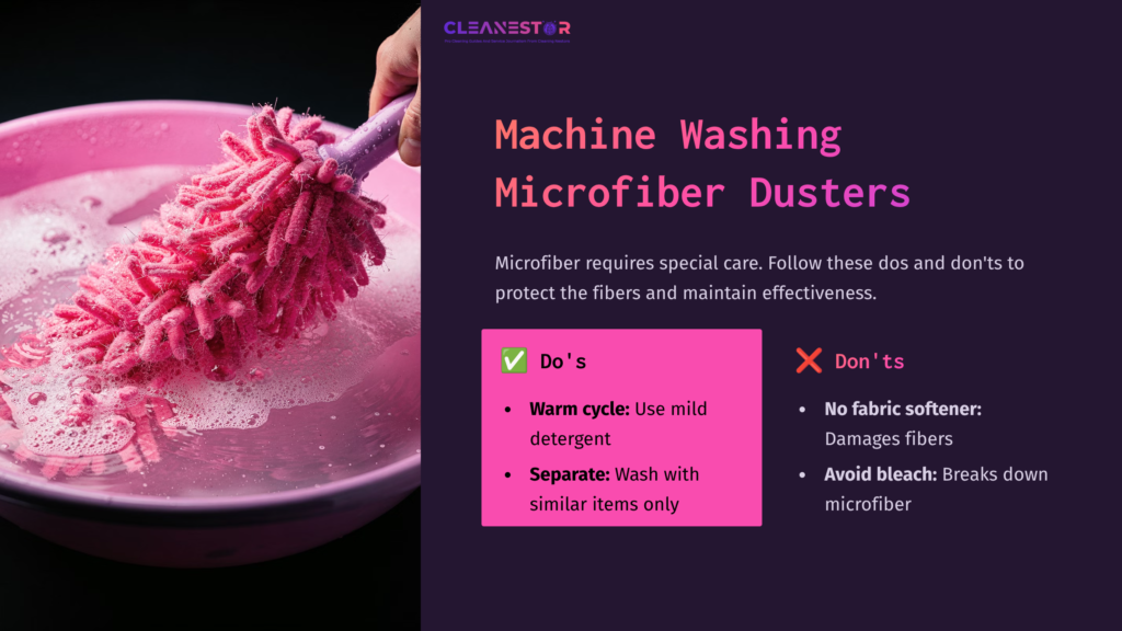 Pink Microfiber Duster Being Cleaned In A Bowl Of Soapy Water With A Checklist Of Do'S And Don'Ts For Washing Microfiber Items.