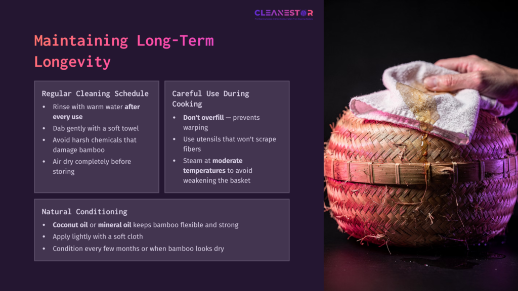 A Wooden Sticky Rice Basket Being Cleaned With A Soft Cloth, Alongside Cleaning Tips Highlighted In Purple Text On A Dark Background.
