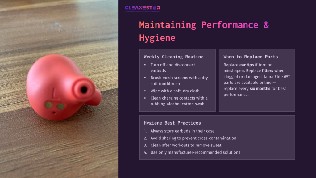 Red Earbud From Jabra Elite 65T Lies On A Wooden Surface, Accompanied By Cleaning Routine And Hygiene Tips In A Purple Text Box.