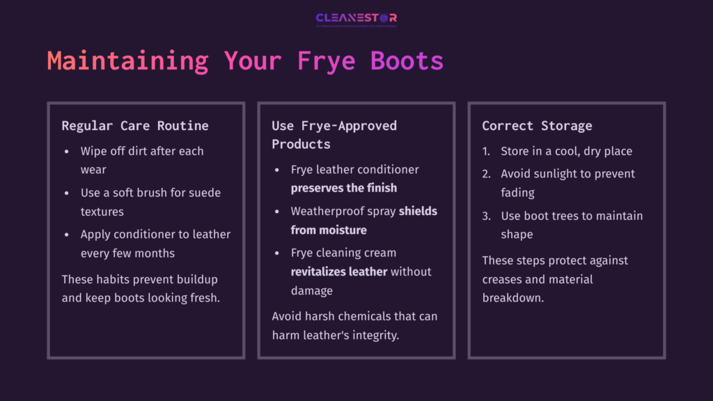 Three-Column Layout With Headings: 'Regular Care Routine', 'Use Frye-Approved Products', And 'Correct Storage'. Text In A Combination Of Purple And Black.