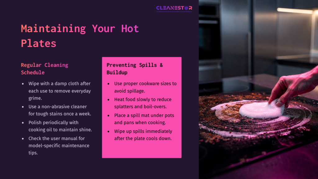 A Kitchen Scene Featuring A Person Wiping A Black Electric Hot Plate With A Cloth, Accompanied By Text On Maintenance Tips.