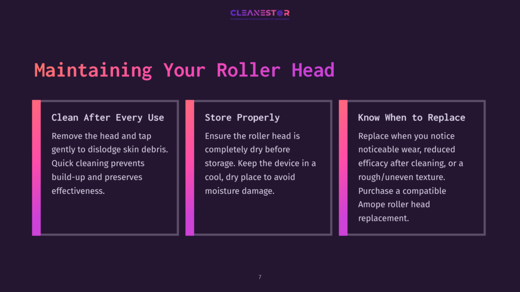 Instructions On Maintaining A Roller Head, With Sections On Cleaning, Storage, And Replacement, Featuring Pink And White Text On A Dark Background.